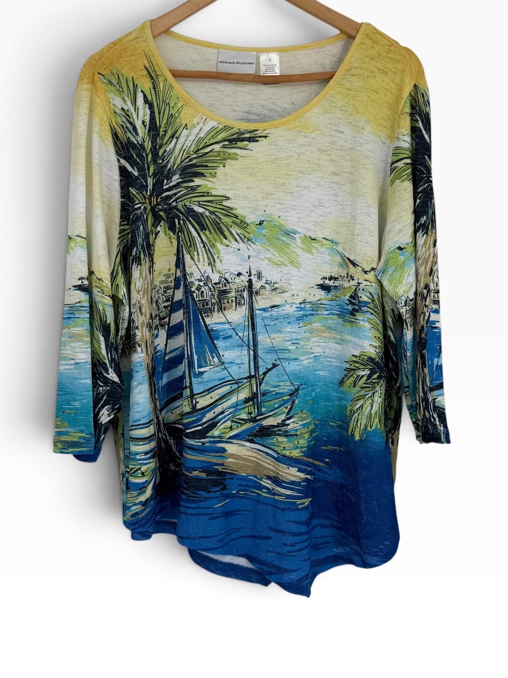 Alfred Dunner Island Scene NWT Tunic Top 3/4 Sleeve Size Large sequins Tropical